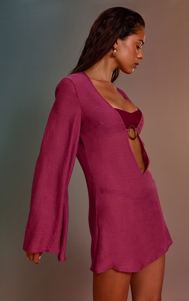 Magenta Linen Look O-ring Flute Sleeve Beach Dress image 3