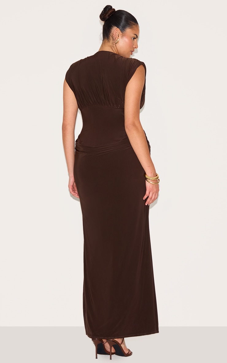 Plus Chocolate Double Layer Plunge Ruched Shoulder Drape Waist Maxi Dress image 2