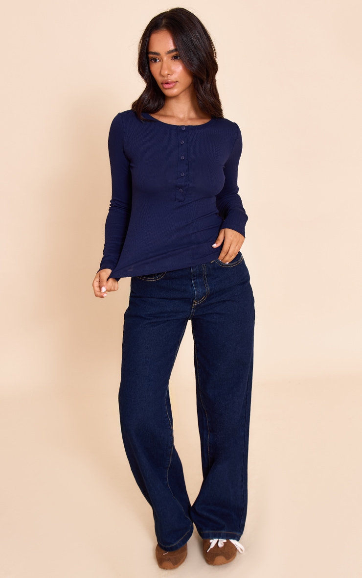 Petite Dark Indigo Soft Rib Button Up Fitted Long Sleeve Top image 3