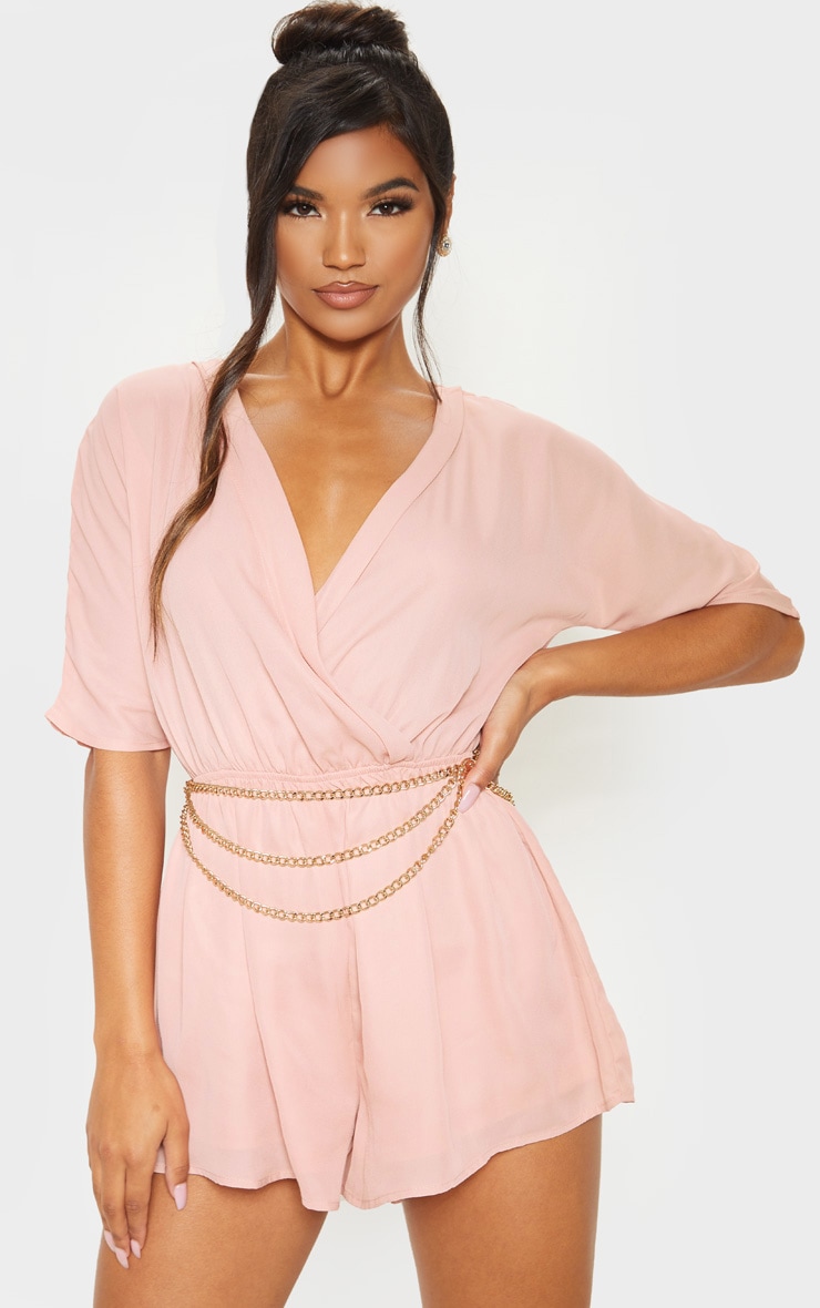 Bobby Nude Chiffon Wrap Front Romper