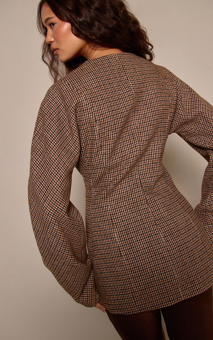 Chocolate Checked Collarless Cocoon Sleeve Blazer image 2