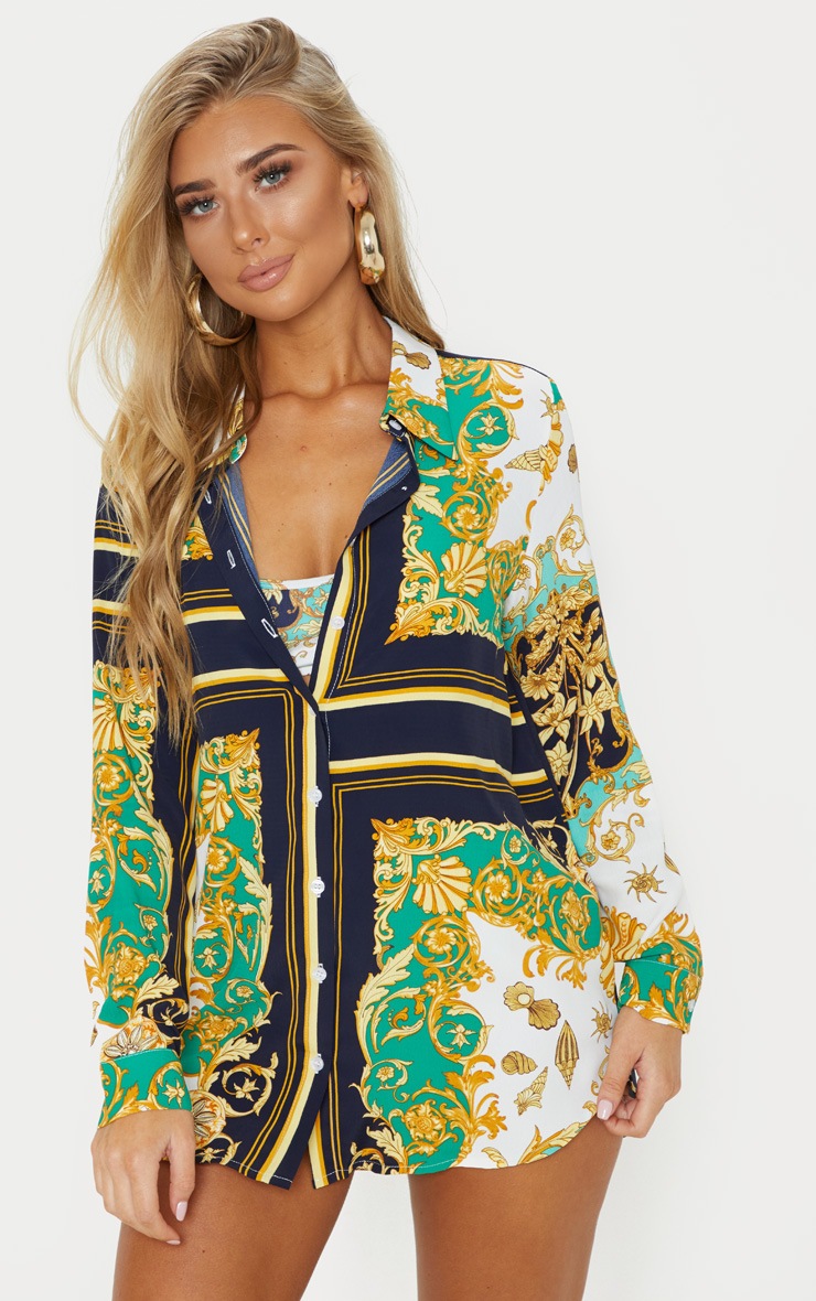 Green Shell Chain Print Beach Shirt