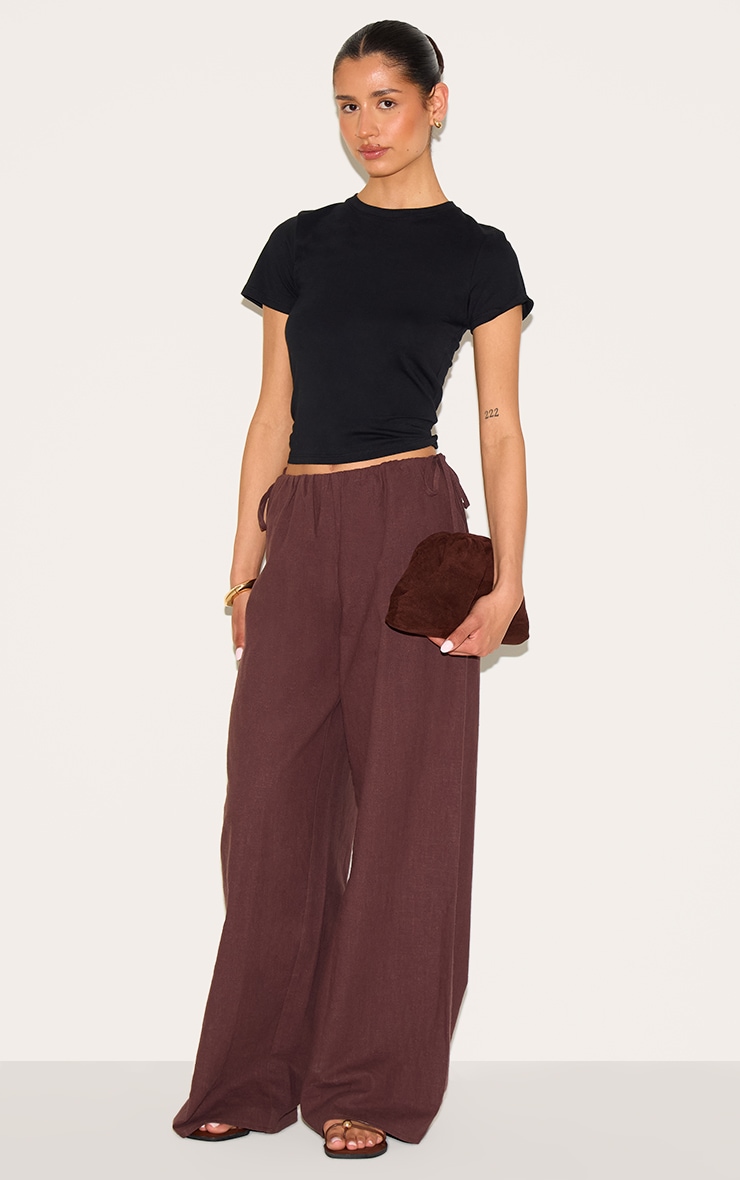 Tall Chocolate Premium Linen Look Side Tie Detail Wide Leg Pants image 2