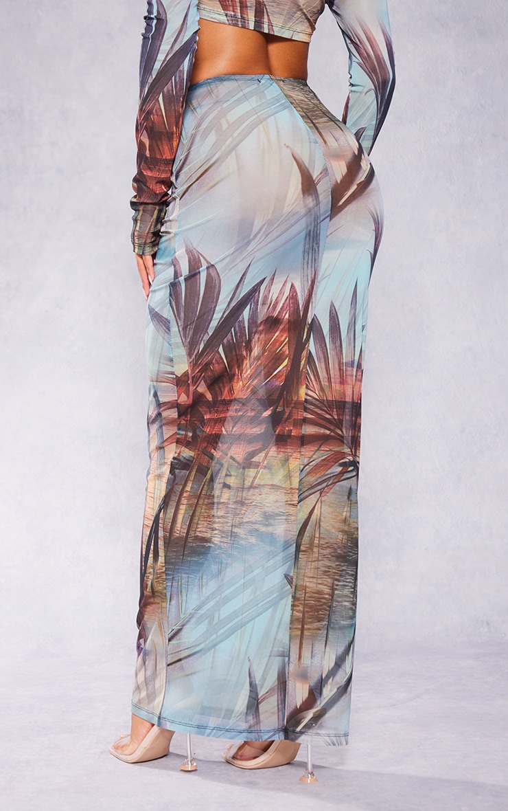 Teal Leaf Printed Mesh Low Rise Maxi Skirt image 3