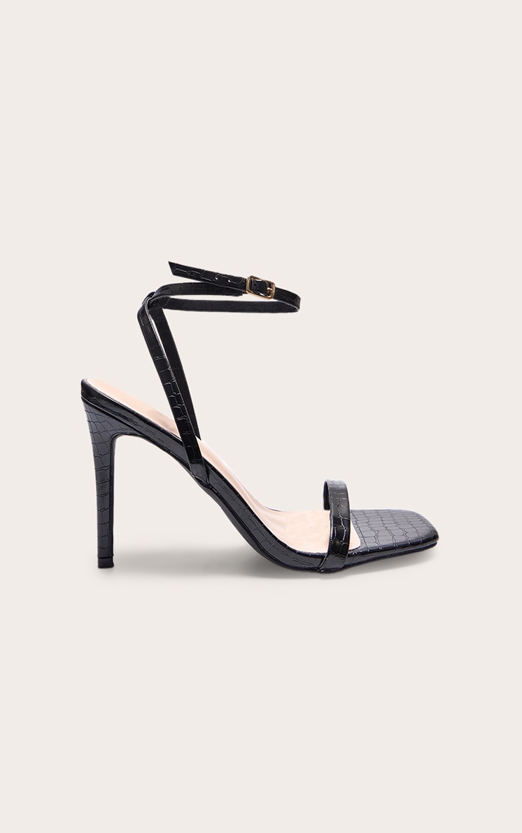 Black Pu Croc Square Toe Barely There Strap High Heeled Sandals image 1