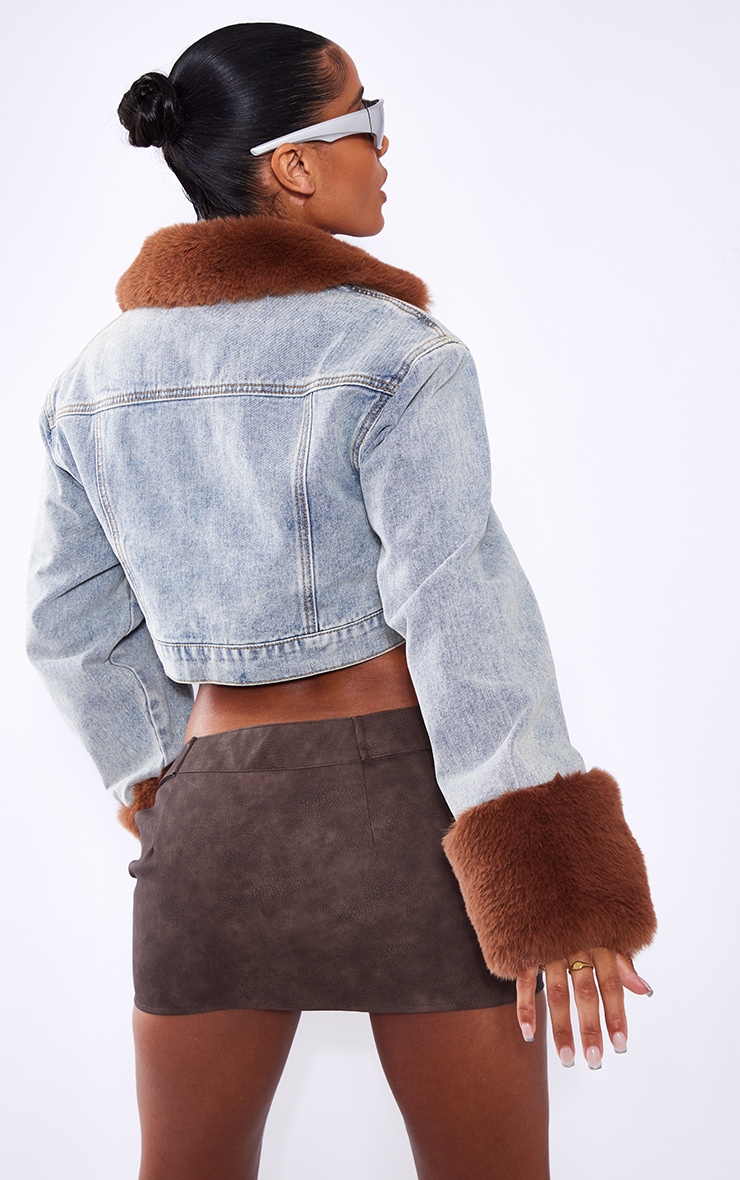 Vintage Wash Faux Fur Lined And Cuff Denim Cropped Jacket image 2