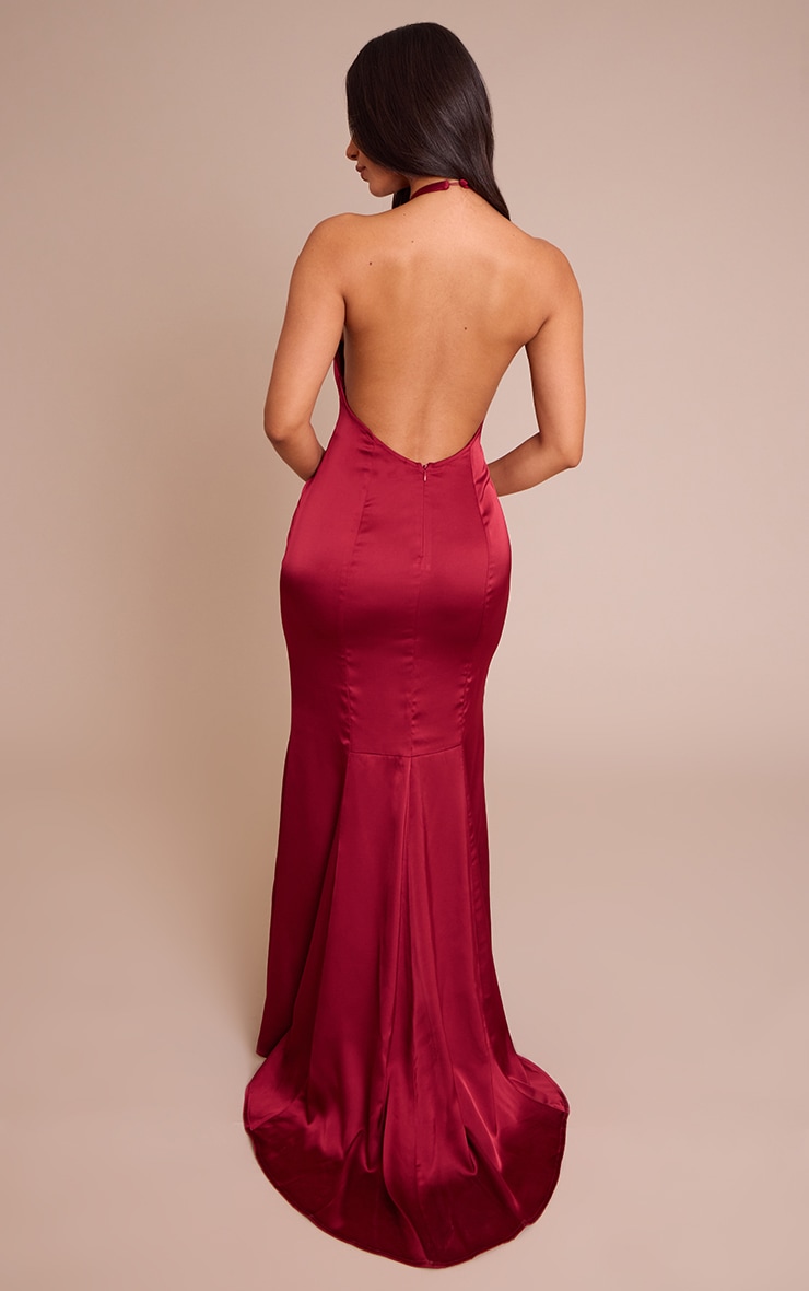Petite Wine Seam Detail Halterneck Satin Maxi Dress image 2