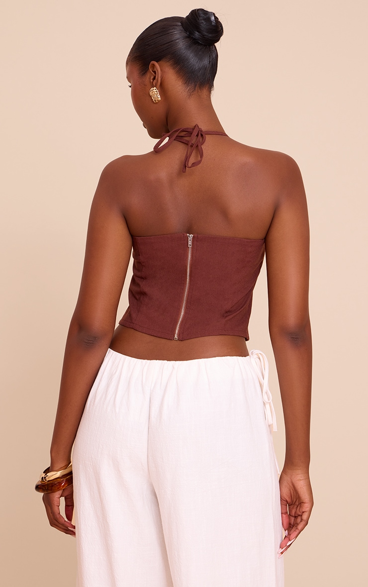 Chocolate Lightweight Woven Trim Detail Halterneck Top image 2