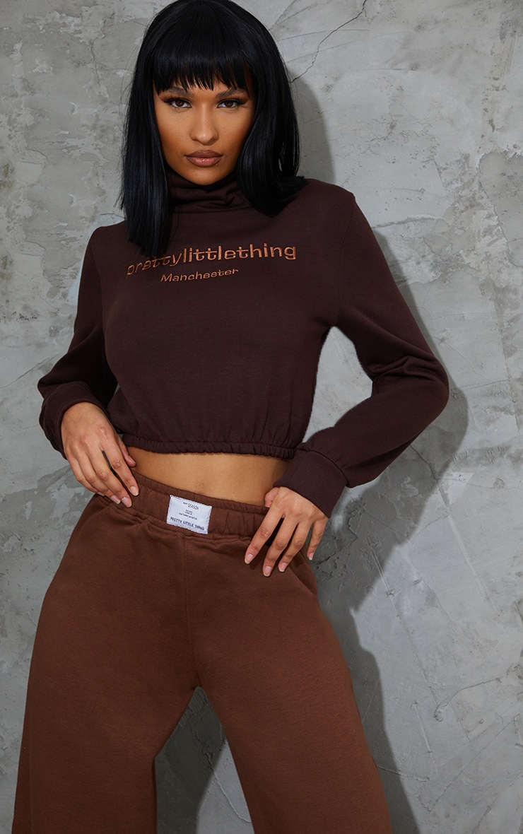 PRETTYLITTLETHING Chocolate Embroided High Neck Cropped Sweatshirt