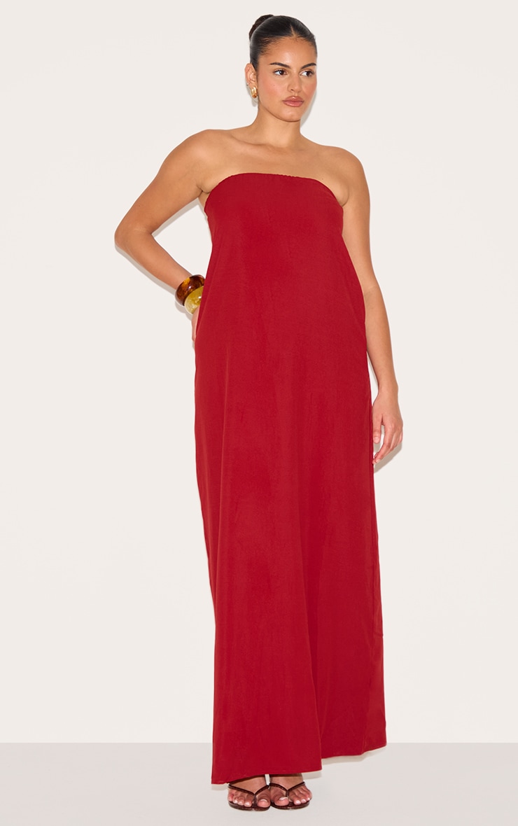 Plus Deep Red Floaty Woven Bandeau Maxi Dress image 1