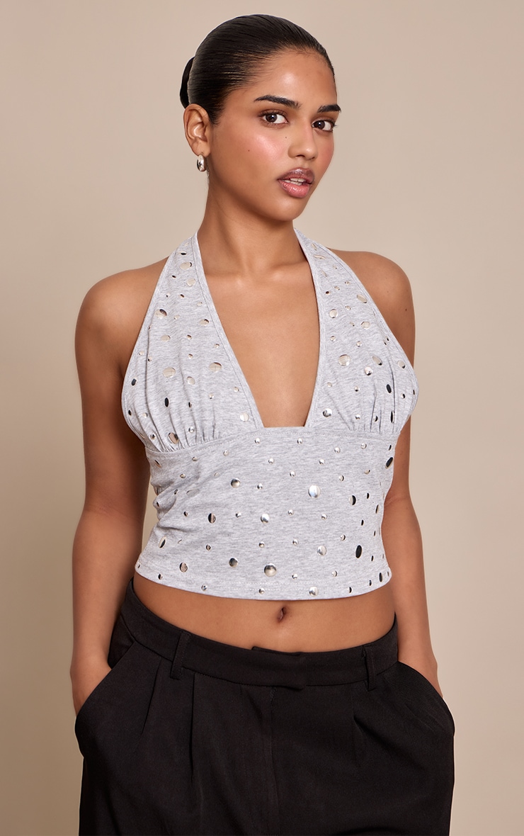 Petite Grey Halterneck Stud Detail Crop Top