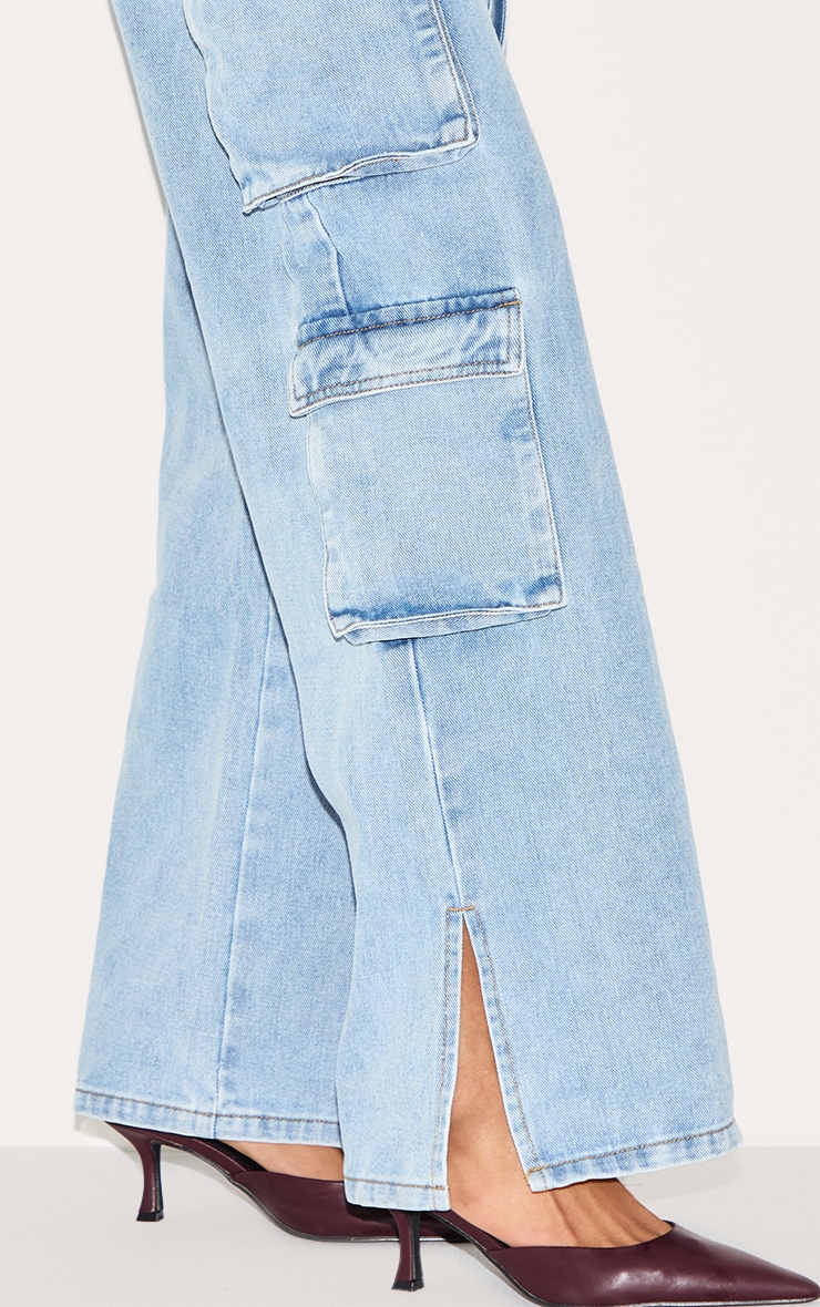 Light Blue Wash Cargo Pocket Bandeau Denim Jumpsuit image 4