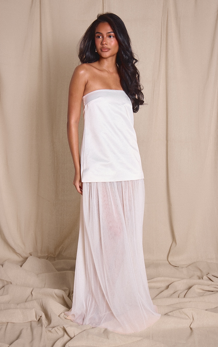 Premium White Structured Satin A-Line Pleated Mesh Hem Maxi Dress