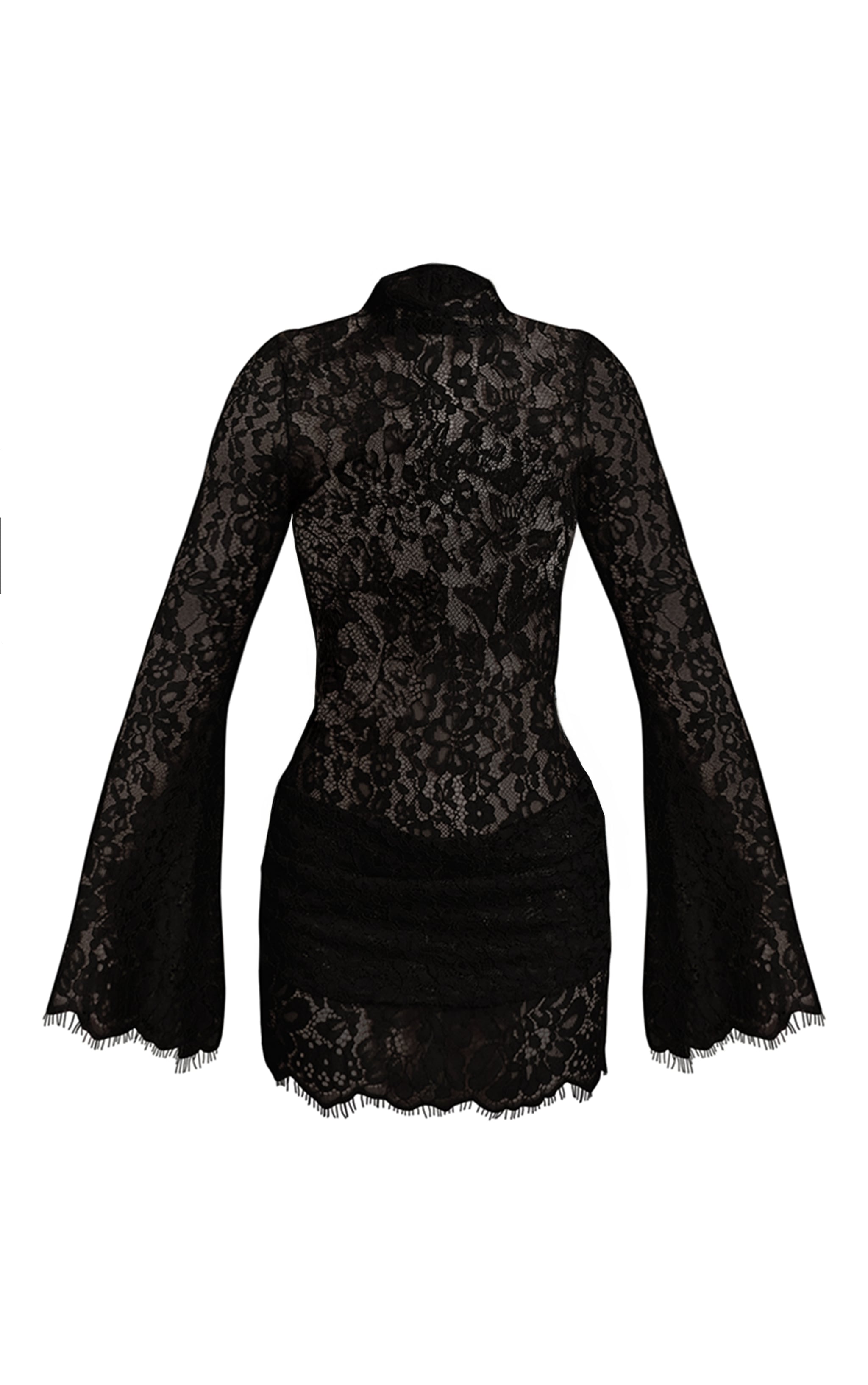 Black Sheer Lace Drape Long Sleeve Bodycon Dress image 7