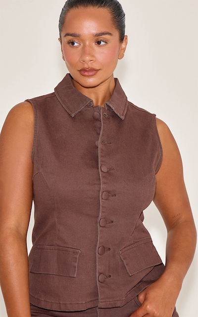 Shape Chocolate Stretch Denim Button Front Longline Top