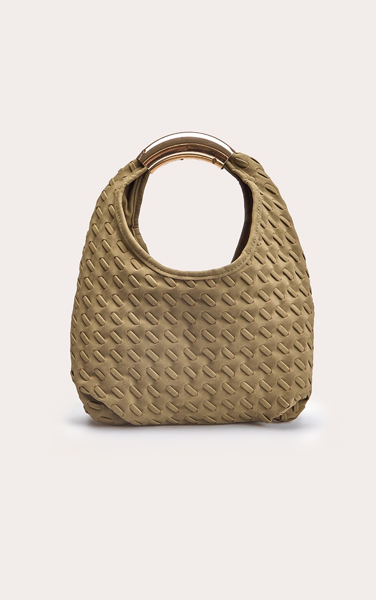 Khaki Faux Suede Weave Metal Handle Shoulder Bag