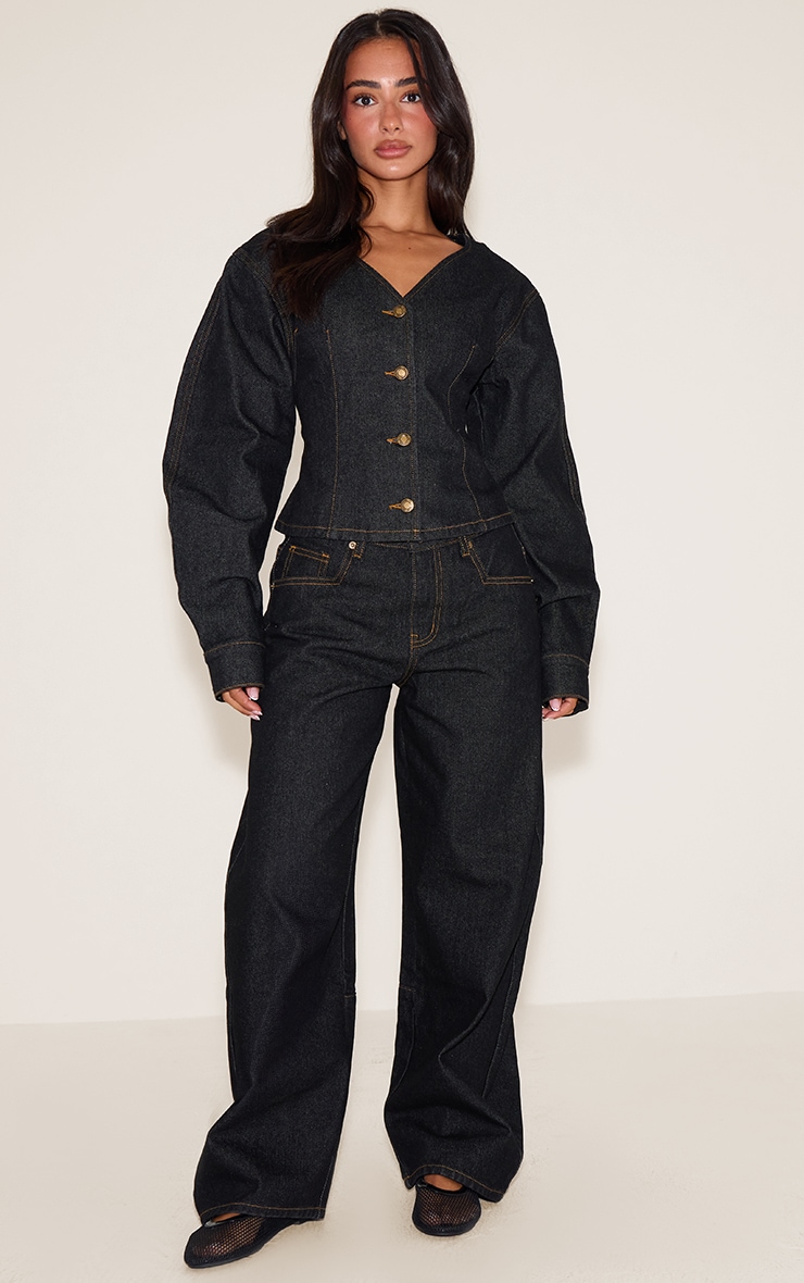  Petite Dark Indigo Gold Button Up Cocoon Sleeve Denim Jacket image 3