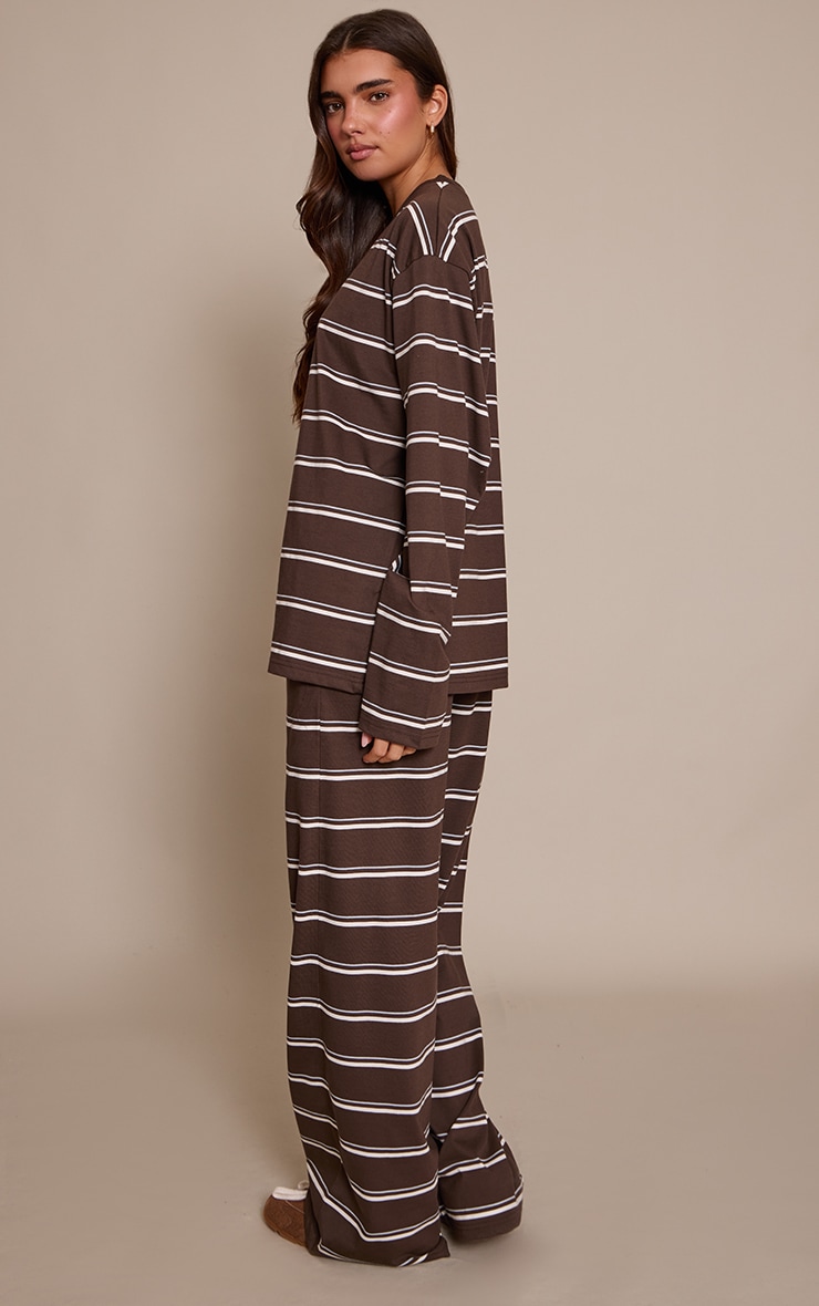 Dark Brown Striped Wide Leg Drawstring Trousers image 3