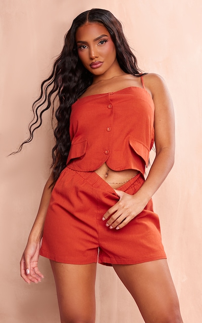 Rust Linen Strappy Button Down Playsuit