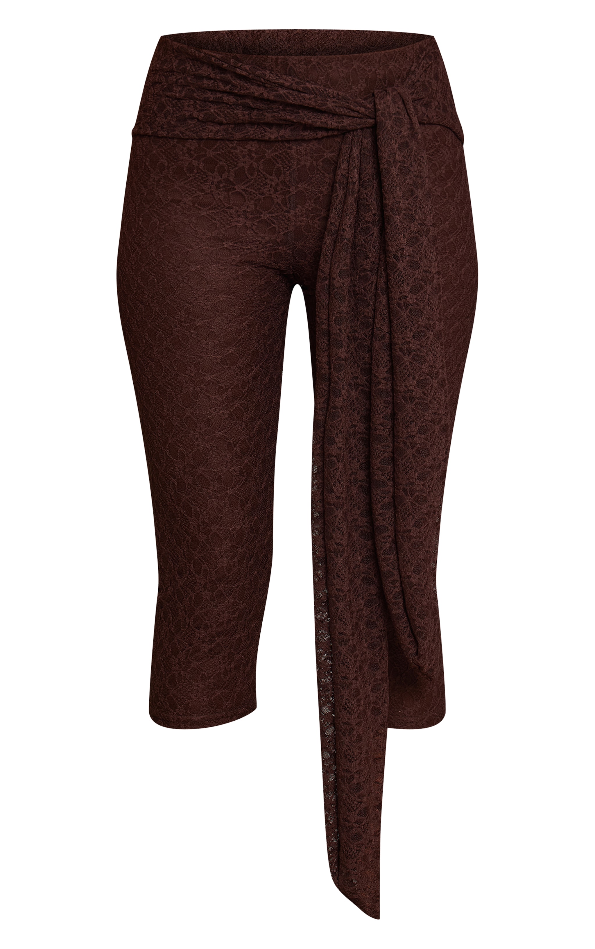 Chocolate Textured Lace Wrap Waist Detail Capris image 5