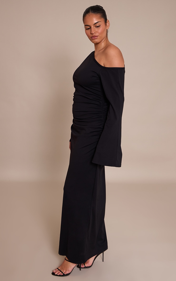 Plus Black Sculpt Bardot Ruched Side Long Sleeve Maxi Dress image 4