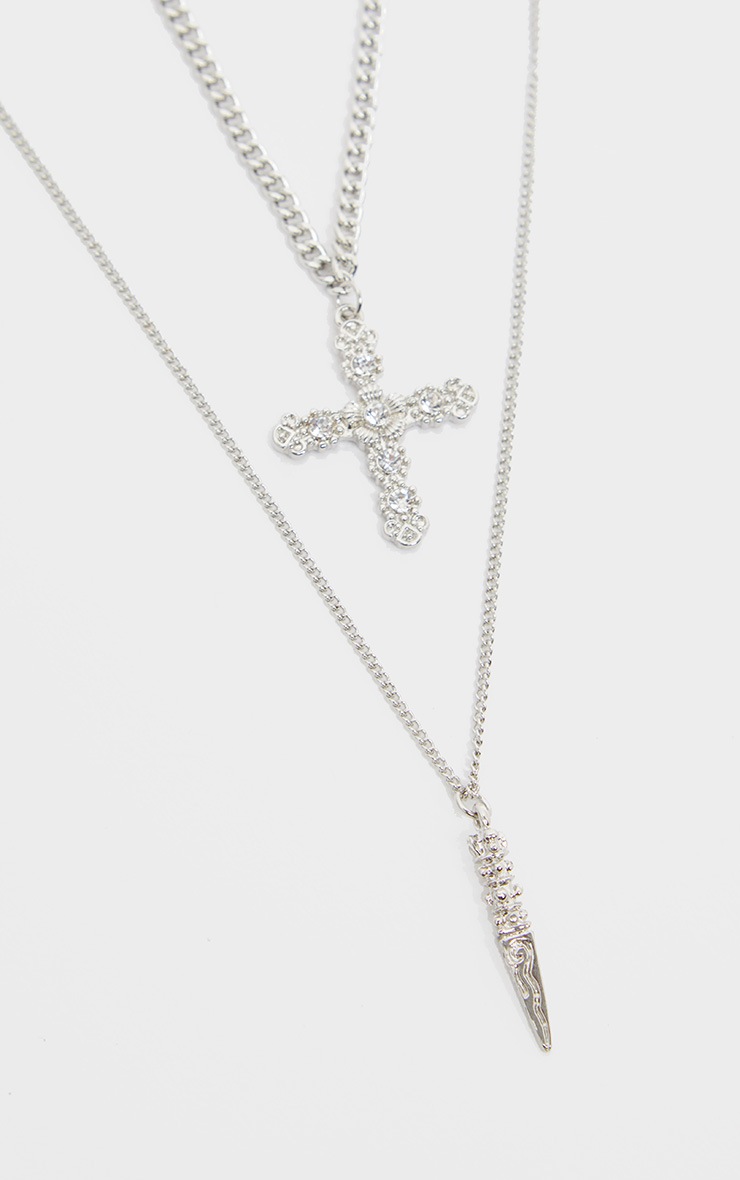 Silver Diamante Cross And Dagger Double Layering Necklace