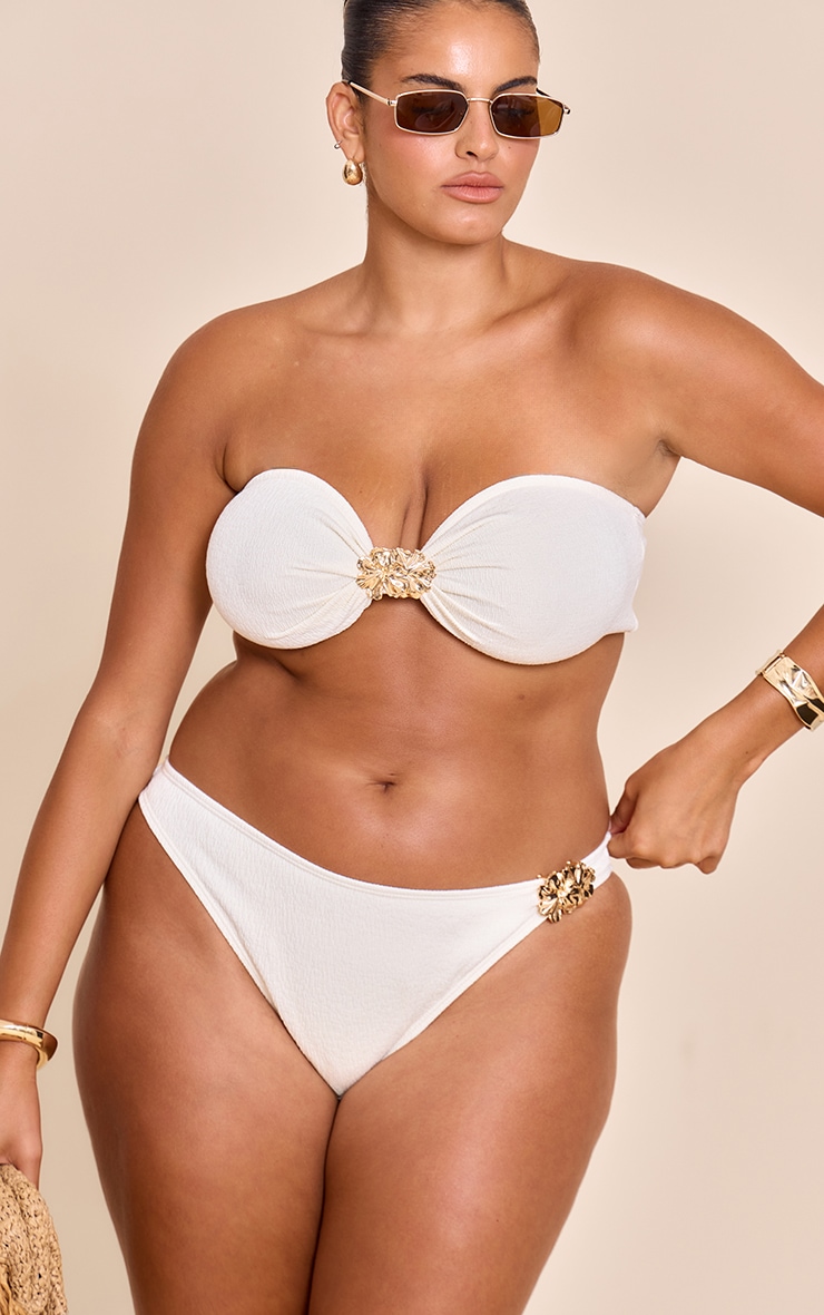 Plus Cream Textured Flower Trim High Leg Bikini Bottoms image 1