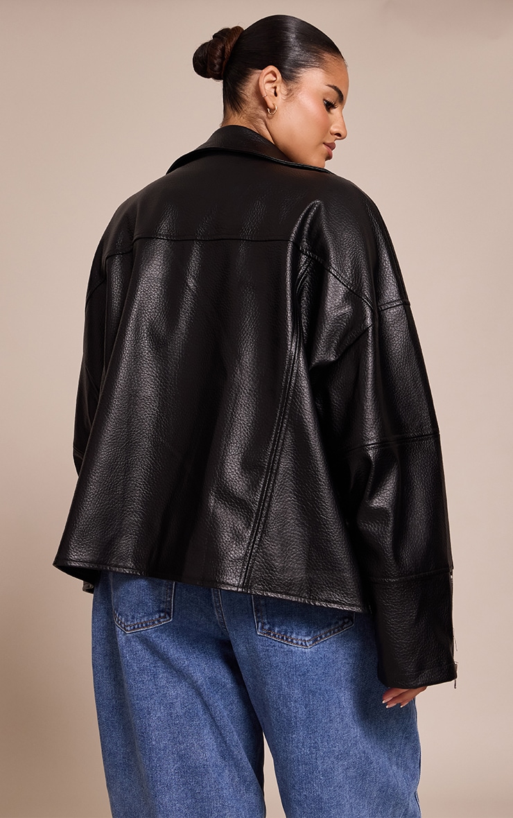 Plus Black Faux Leather Oversized Biker Jacket image 2