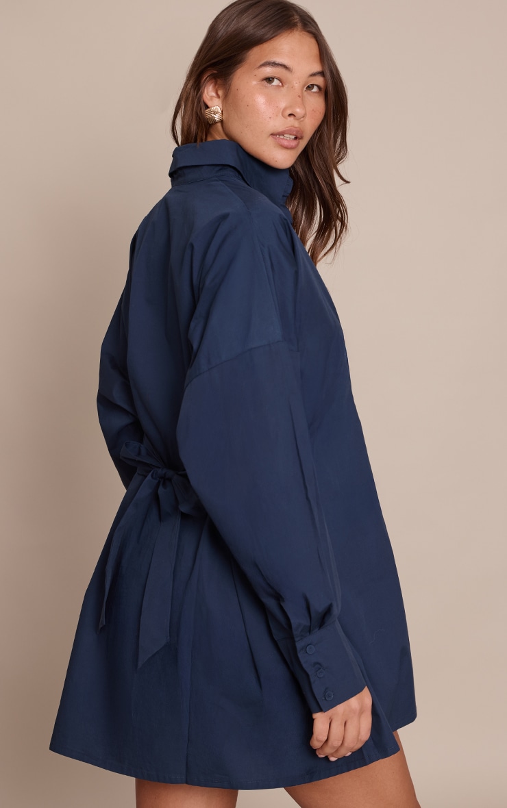 Navy Tie Back Detail Long Sleeve Shirt Dress image 2