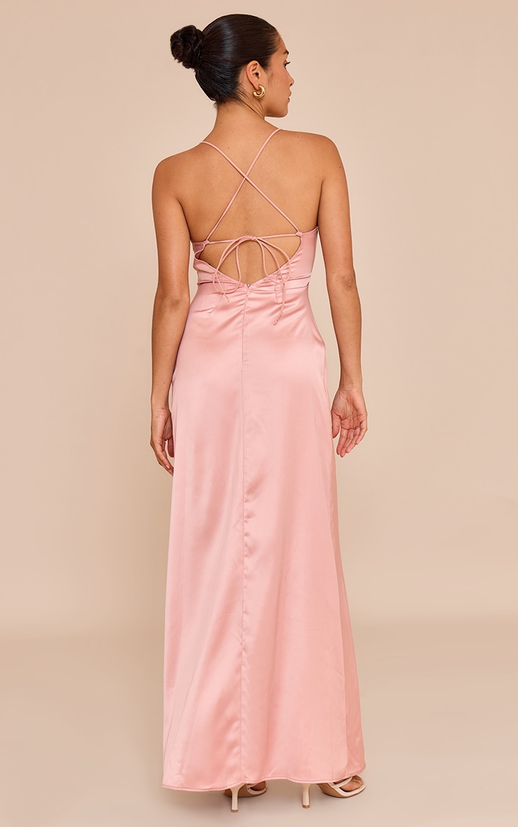 Petite Baby Pink Satin Strappy Open Back Maxi Dress image 2