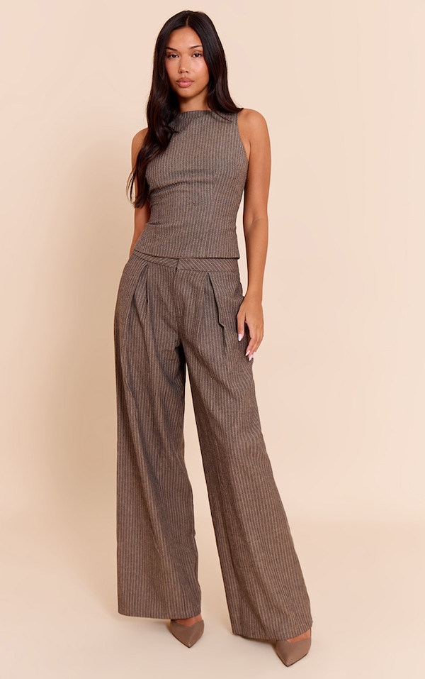 Grey Herringbone Tailored Woven Wide Leg Pants