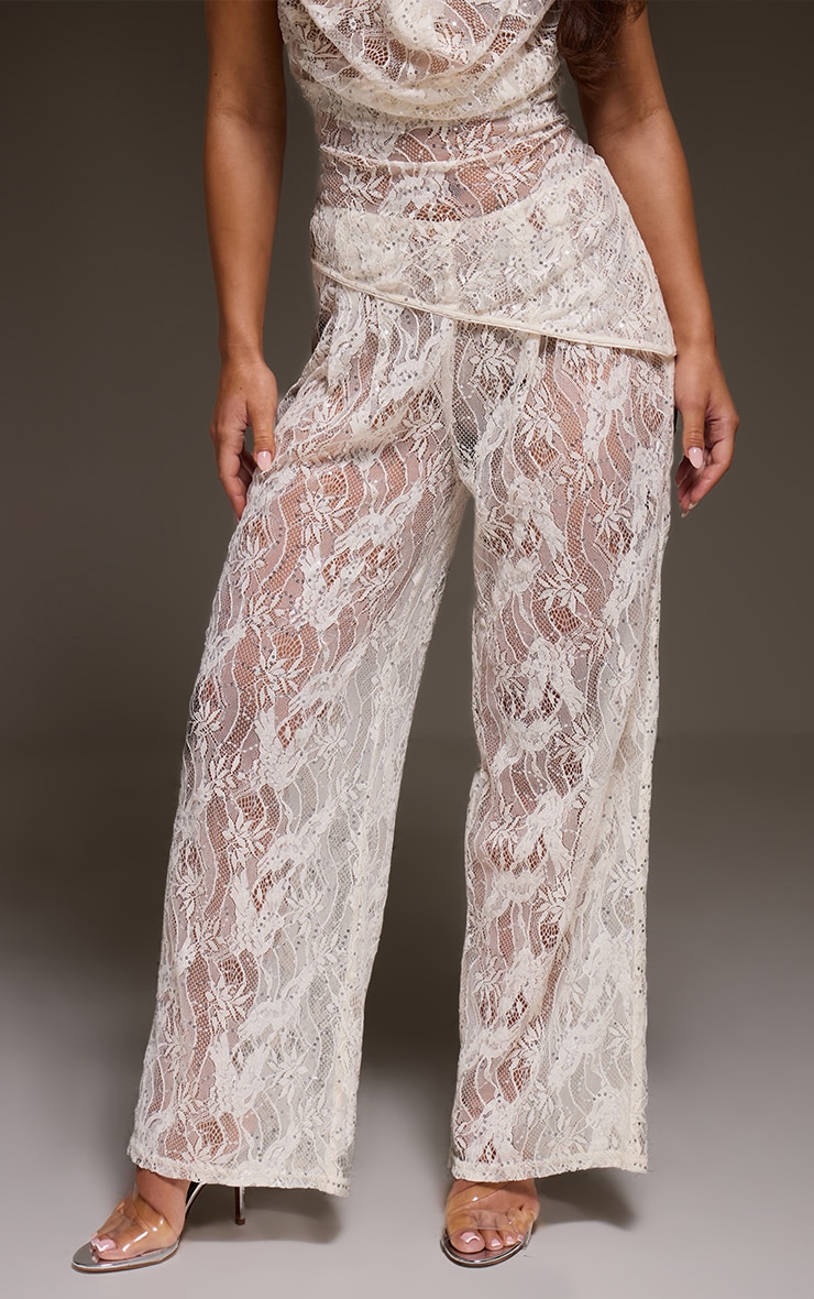Pantalon en dentelle crème transparente à sequins image 2