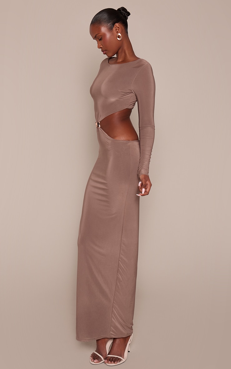 Taupe Double Layer Slinky Long Sleeve Trim Detail Maxi Dress image 3