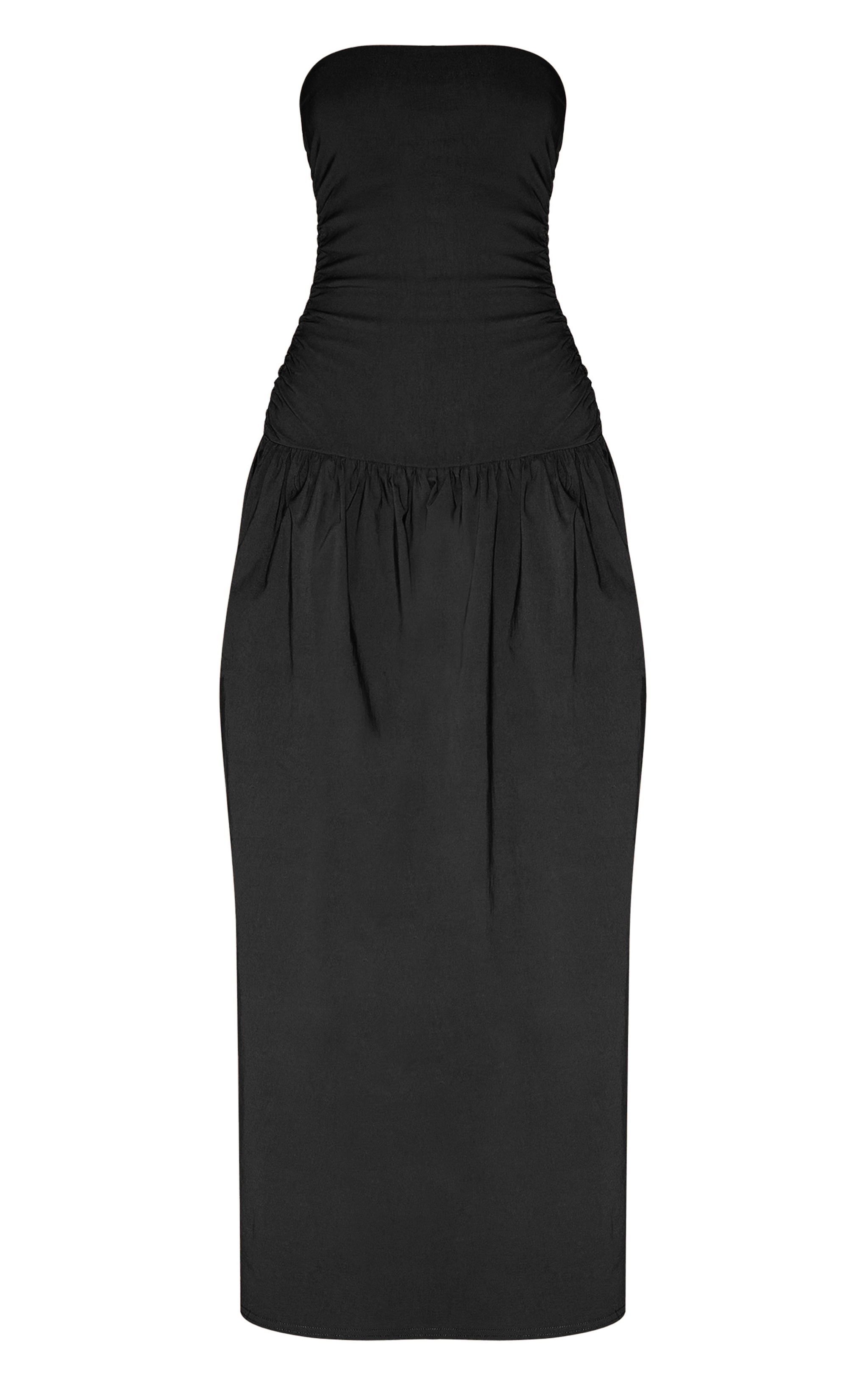 Black Stretch Woven Bandeau Ruched Maxi Dress