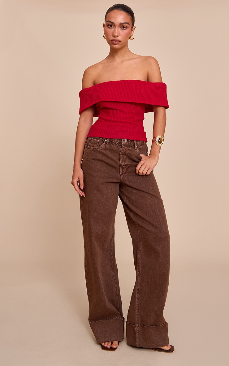 Red Textured Fold Over Detail Bardot Top image 3