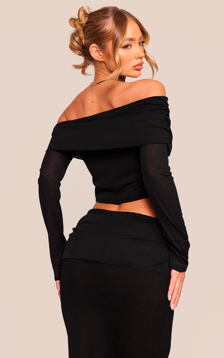 Black Sheer Burnout Mesh Fold Over Hem Long Sleeve Bardot Top image 2