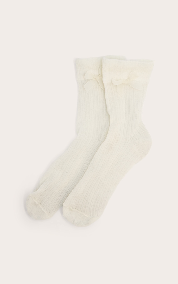 Cream Ribbed Mesh Bow Detail Ankle Socks image 2