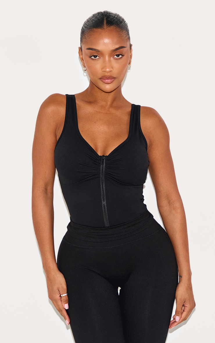 Shape Black Active Ruched Zip Front Bodysuit