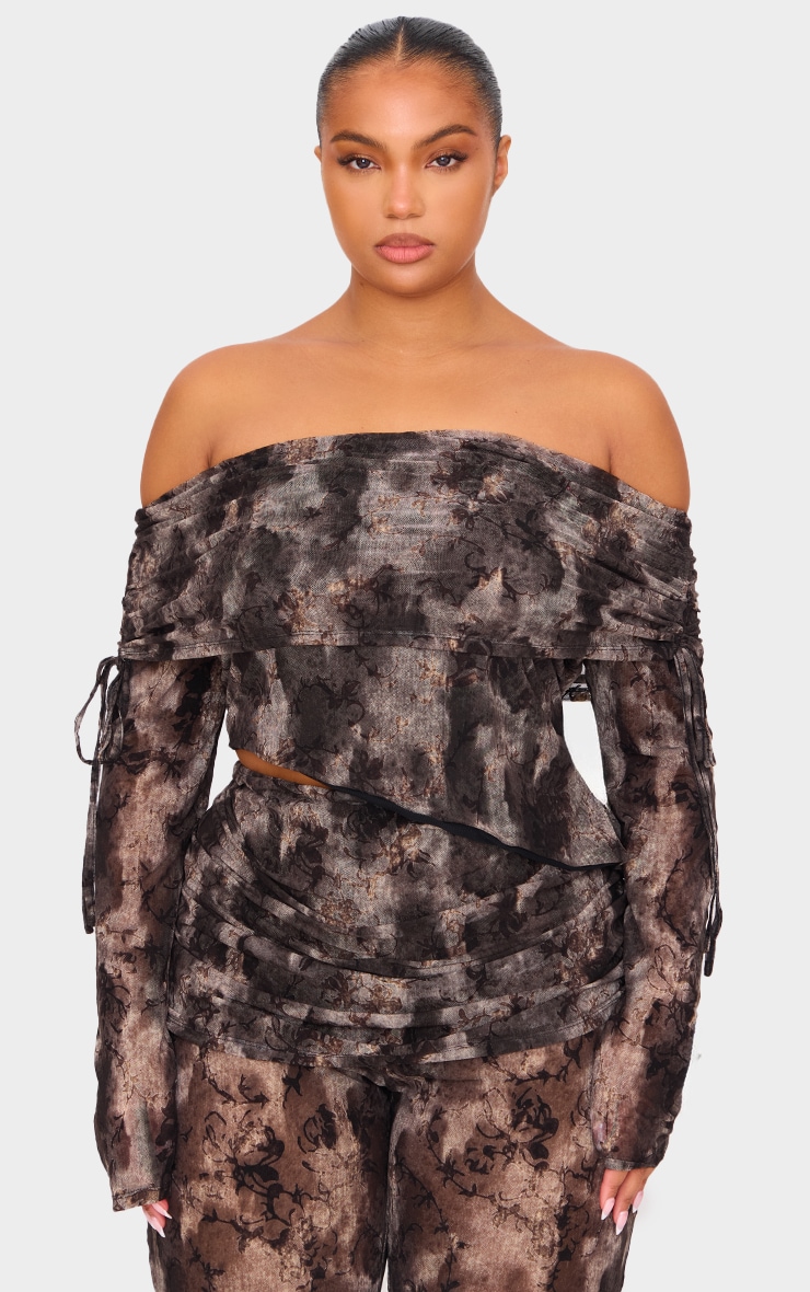 Plus Charcoal Devore Mesh Foldover Long Sleeve Top image 1