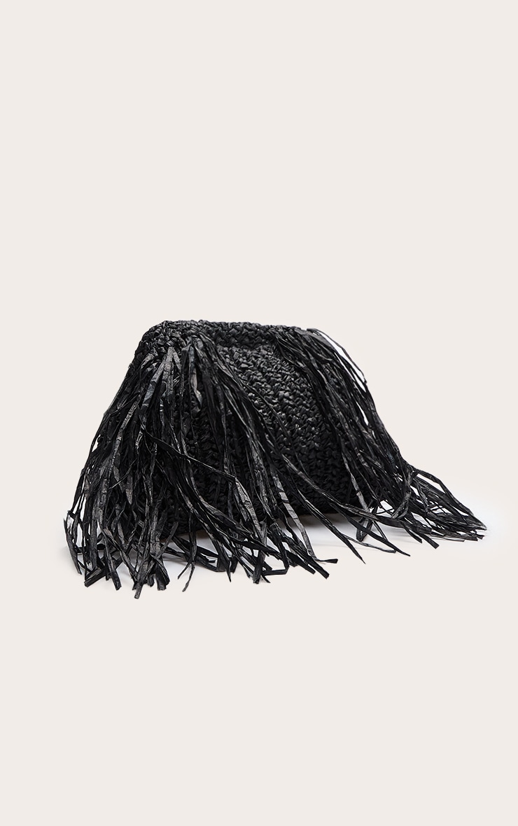 Pochette ample en raphia noire à franges image 2