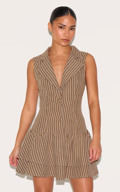 Petite Taupe Striped Button Up Frill Dress