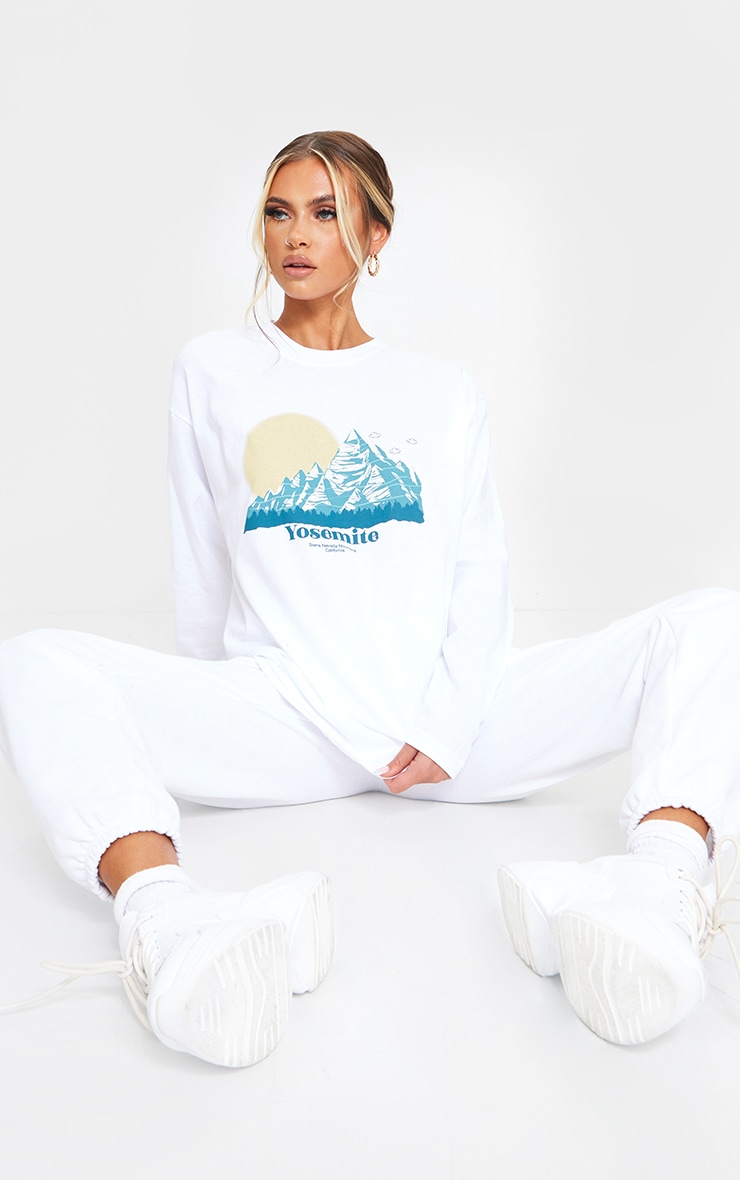 White Yosemite Printed Oversized Long Sleeve T Shirt image 3