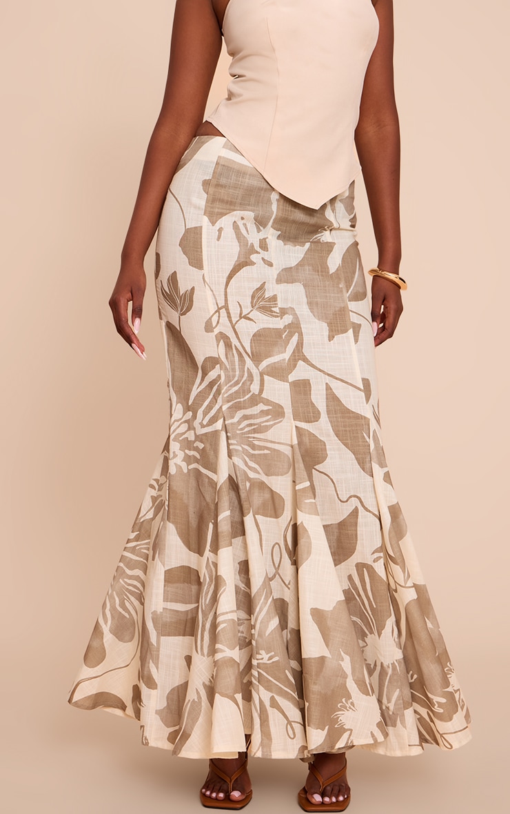 Sage Leaf Print Linen Fishtail Low Rise Maxi Skirt image 2