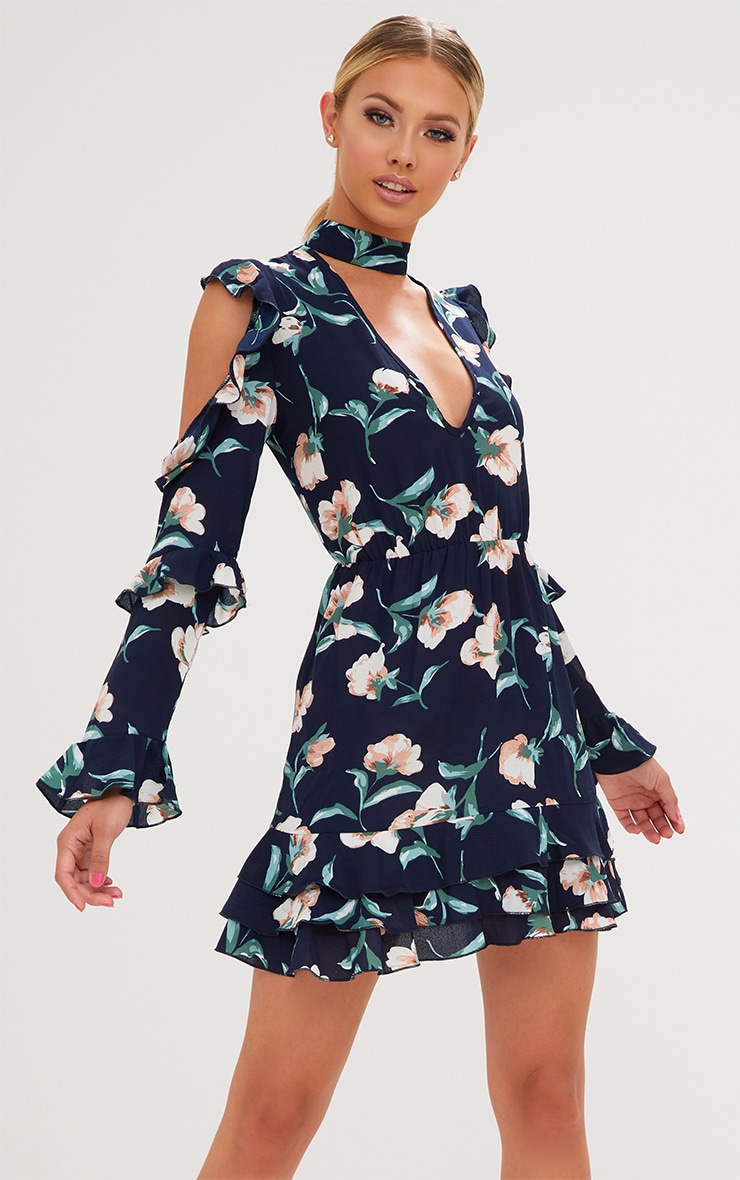 navy floral bodycon dress