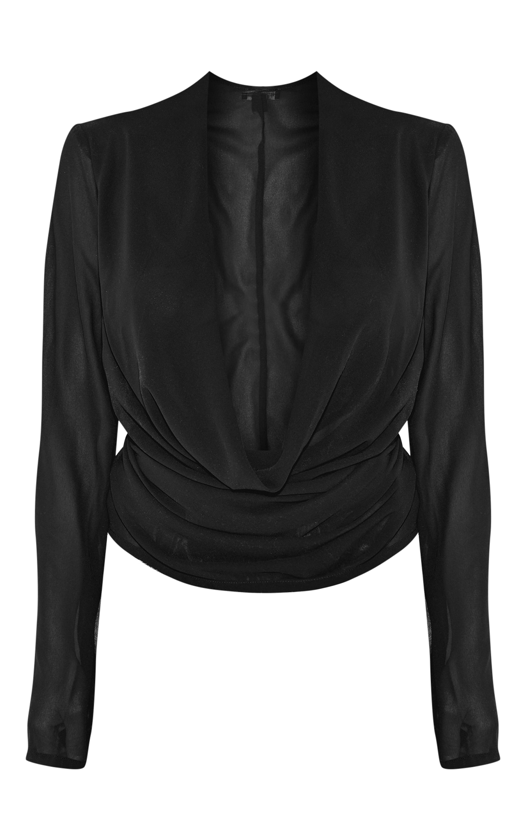 Black Chiffon Long Sleeve Sheer Cowl Blouse image 5
