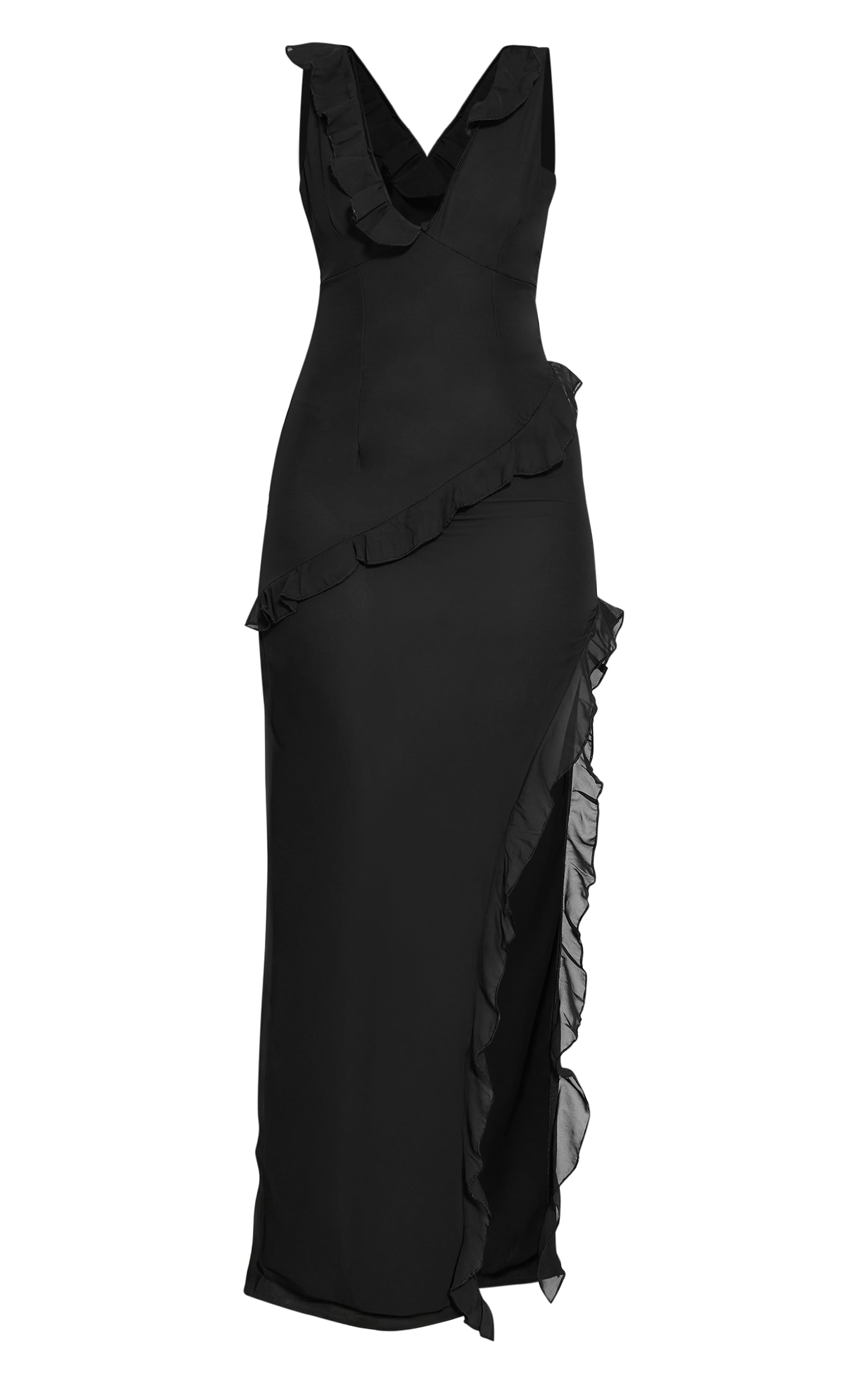 Black Asymmetric Frill Split Maxi Dress image 5