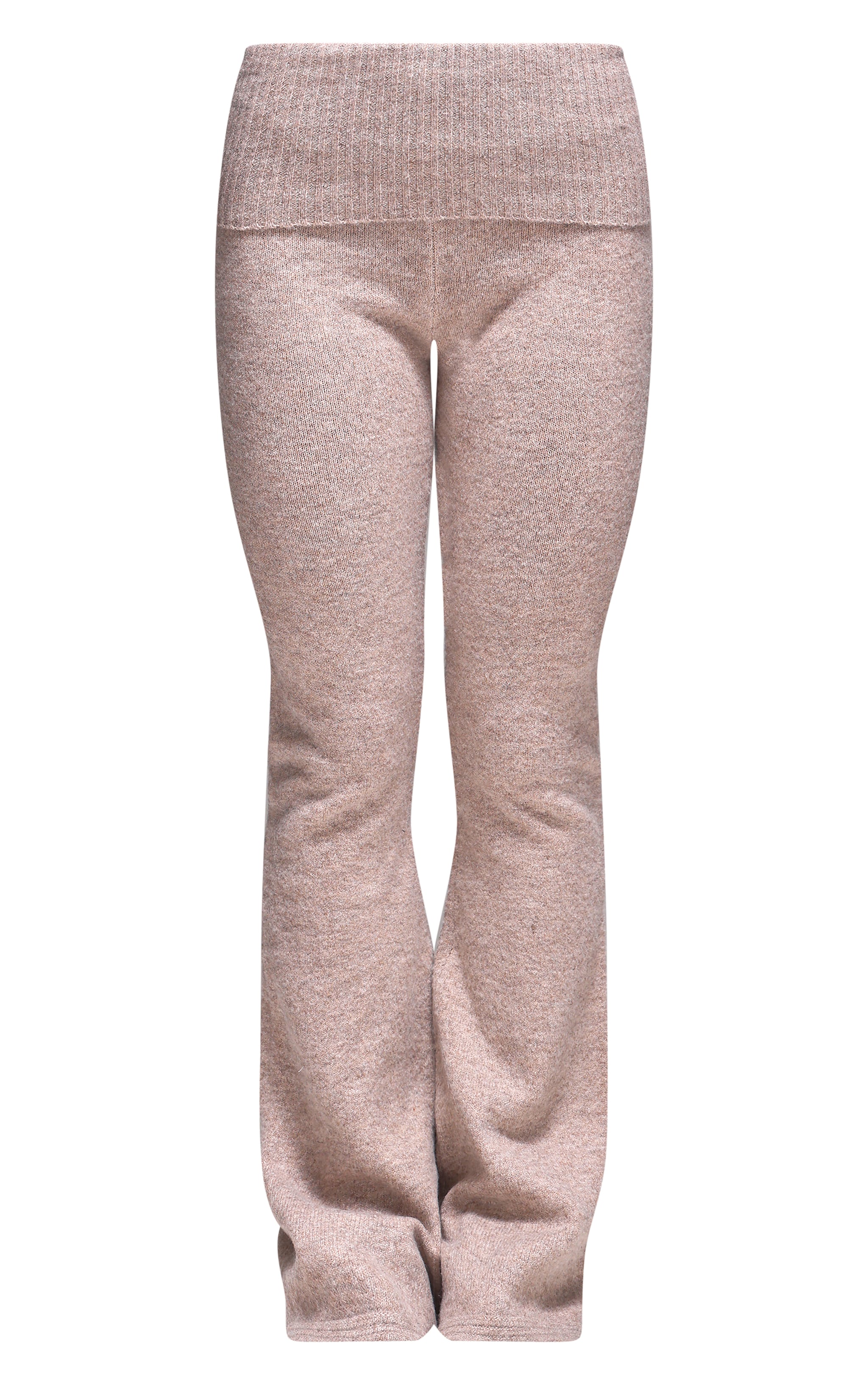 Taupe Melange Soft Knit Foldover Waist Flared Pants image 3