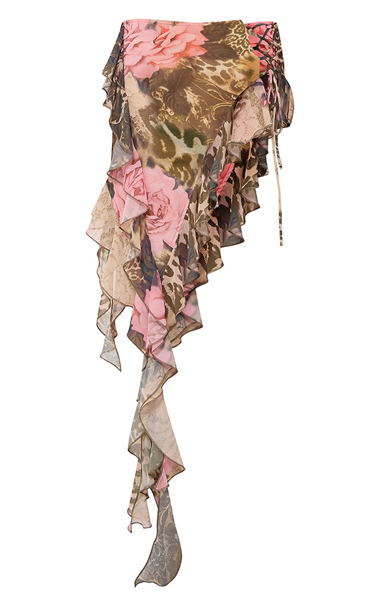 Plus Brown Leopard Print Chiffon Frill Detail Midi Skirt image 6