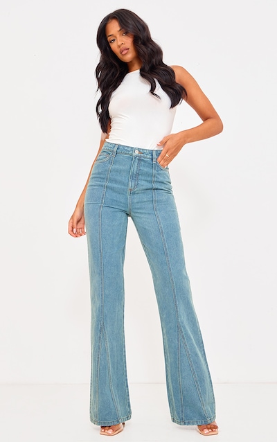 Tall Vintage Mid Wash High Waist Seam Detail Flared Jeans