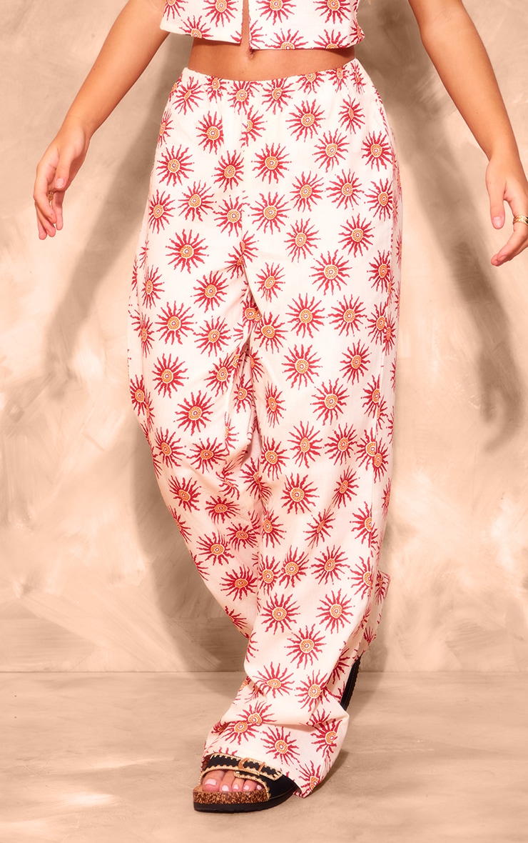 Cream Printed Linen Look Wide Leg Trousers image 2